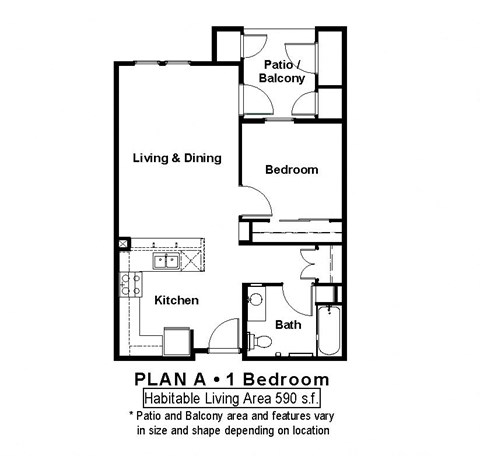 Floor plan for 1 bed, 1 bath, 590 sqft